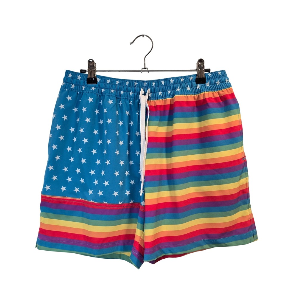 Chubbies Swim Trunks Mens Medium Blue Rainbow Stars Stripes 5.5 Inseam Pride